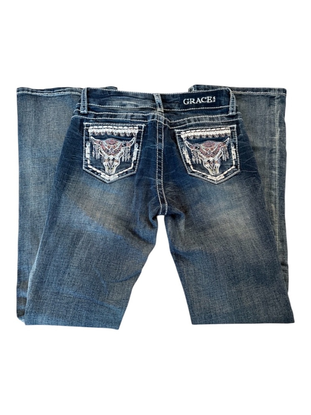 GRACE IN LA GIRLS' MEDIUM WASH LONGHORN SKULL STRETCH BOOTCUT JEANS 12